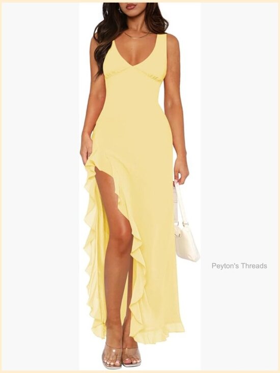 Dresses & Skirts - Mesh Ruffle High Slit Bodycon Maxi Dress V Neck Sleeveless Formal Party